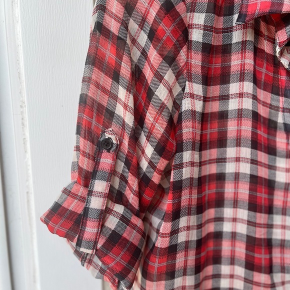Band of Gypsies red plaid button-up, tunic length, sheer material, size Small - Picture 4 of 8
